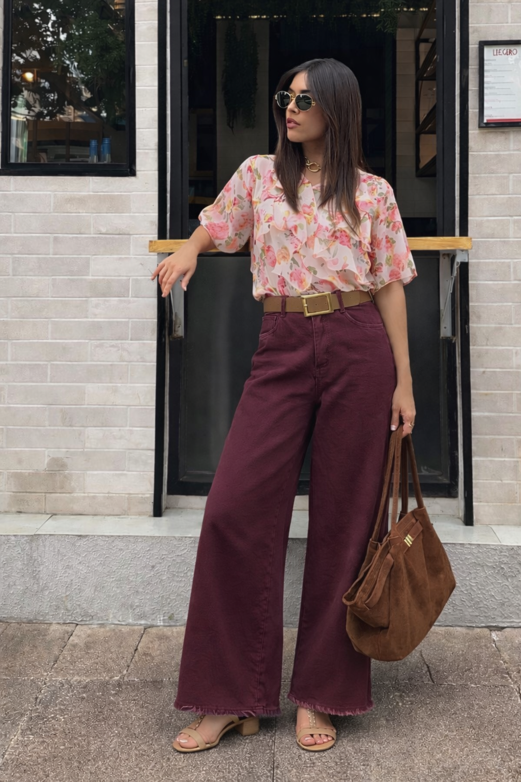 Pantalon large taille haute bordeaux - Elena