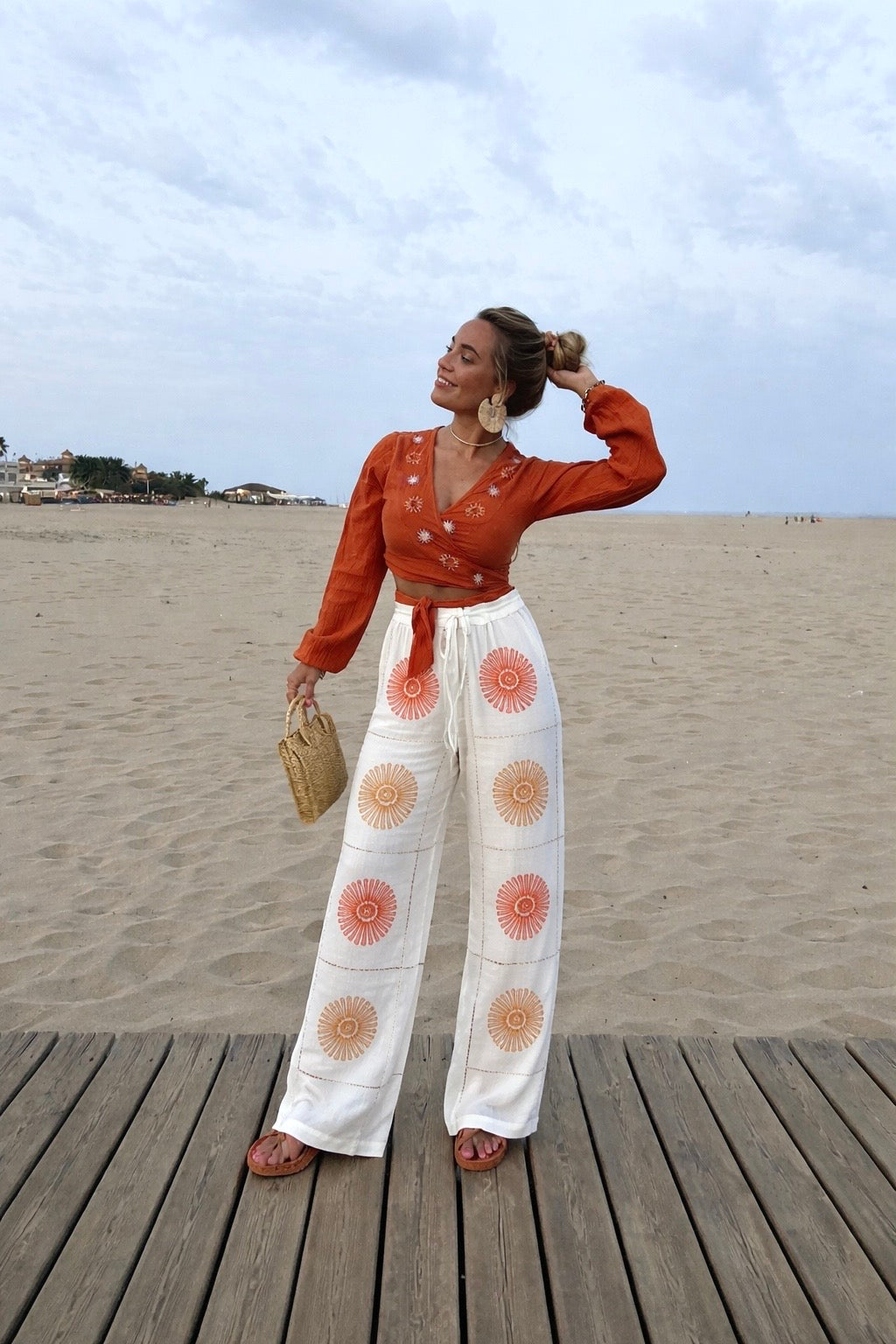 Pantalon en gaze de coton imprimé solaire orange - Inès