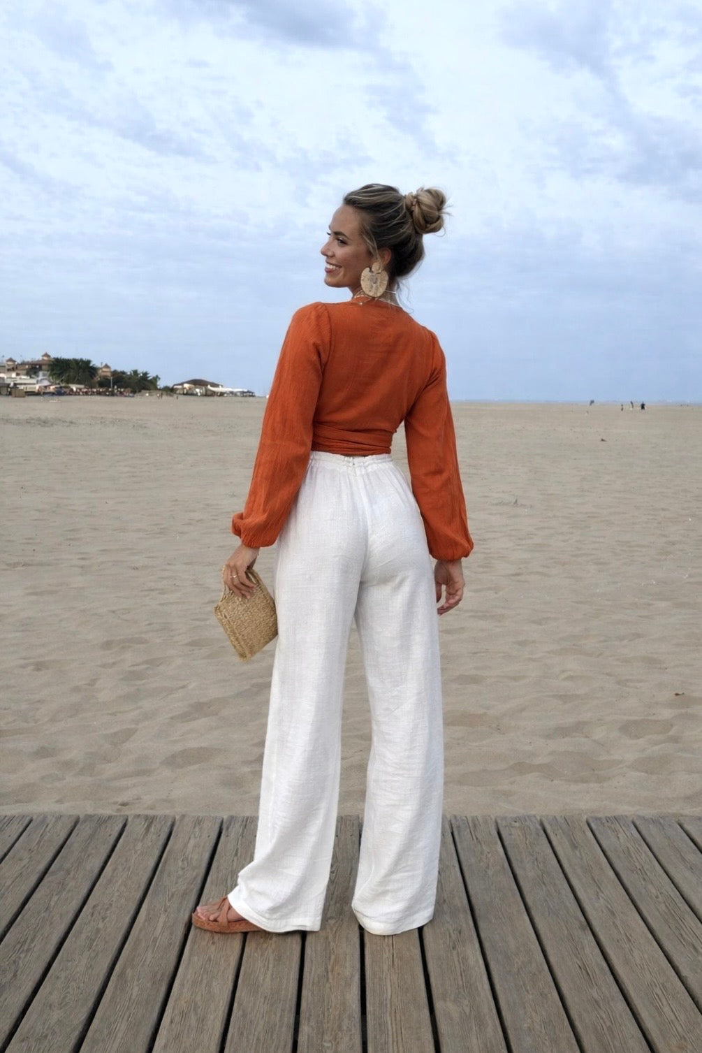 Pantalon en gaze de coton imprimé solaire orange - Inès