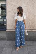 Pantalon fluide denim à fleurs - Clara